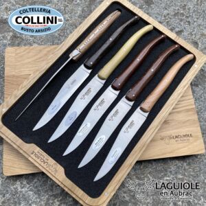 Laguiole en Aubrac - Juego de 6 cuchillos de carne con mango en 6 tipos diferentes de madera - cuchillos de mesa