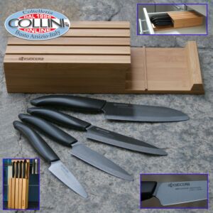 Kyocera - Juego de 4 cuchillos de cerámica negra + taco de bambú - cuchillos de cocina