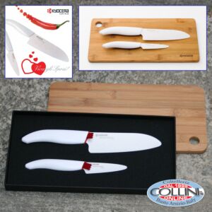 Kyocera - Establecer con Santoku pelado FK140WH FK075WH y tabla de cortar de bambú - Cuchillo de cerámica blanca